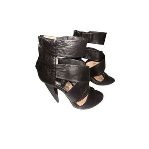 Michael Kors Black Peep Toe Strappy Leather Bootie High Heels Size 7